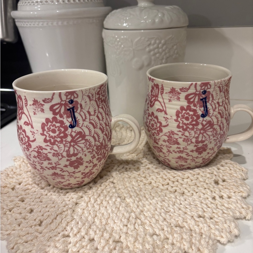 Anthropologie Homegrown Letter J monogram initial Pink and Cream Patterned Mugs